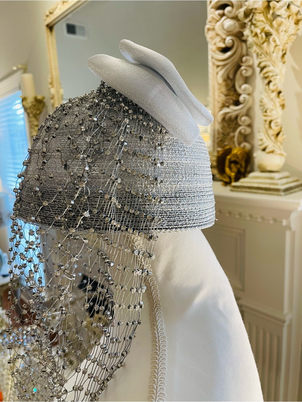 Silver Beaded Veil Fascinator Hat - Picture 2 of 13